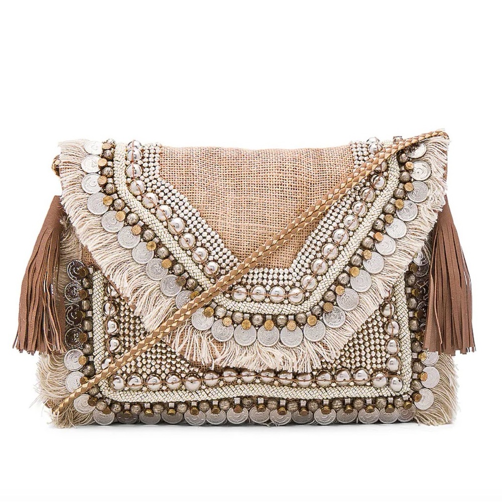 SHASHI Beige and Brown Beaded Fringe Crossbody Bag